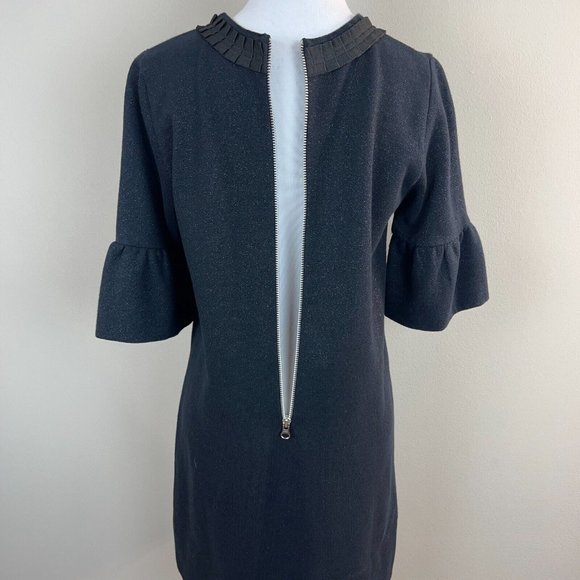 French Connection Mini Dress 6 Navy Black Metallic Shift Bell Elbow Sleeve - Picture 5 of 9